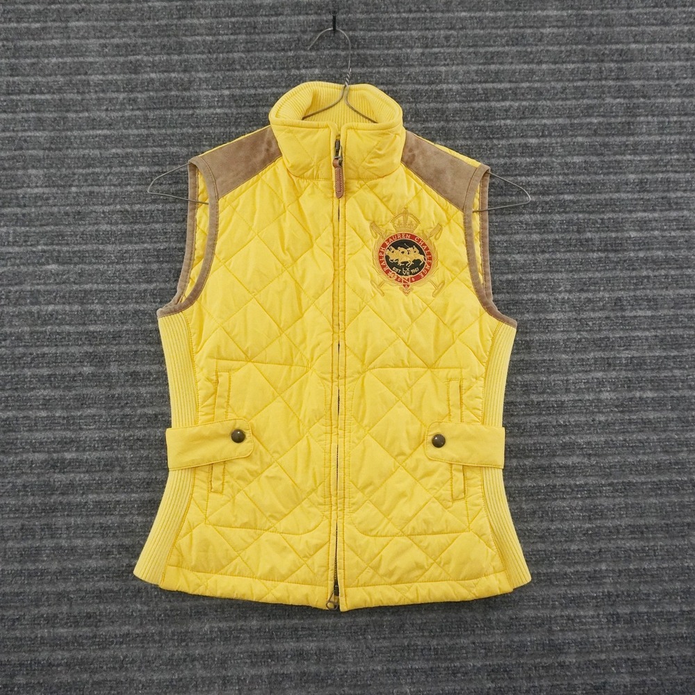 Vintage Ralph Lauren Sport Quilted Vest Womens Small Yellow Suede Trim